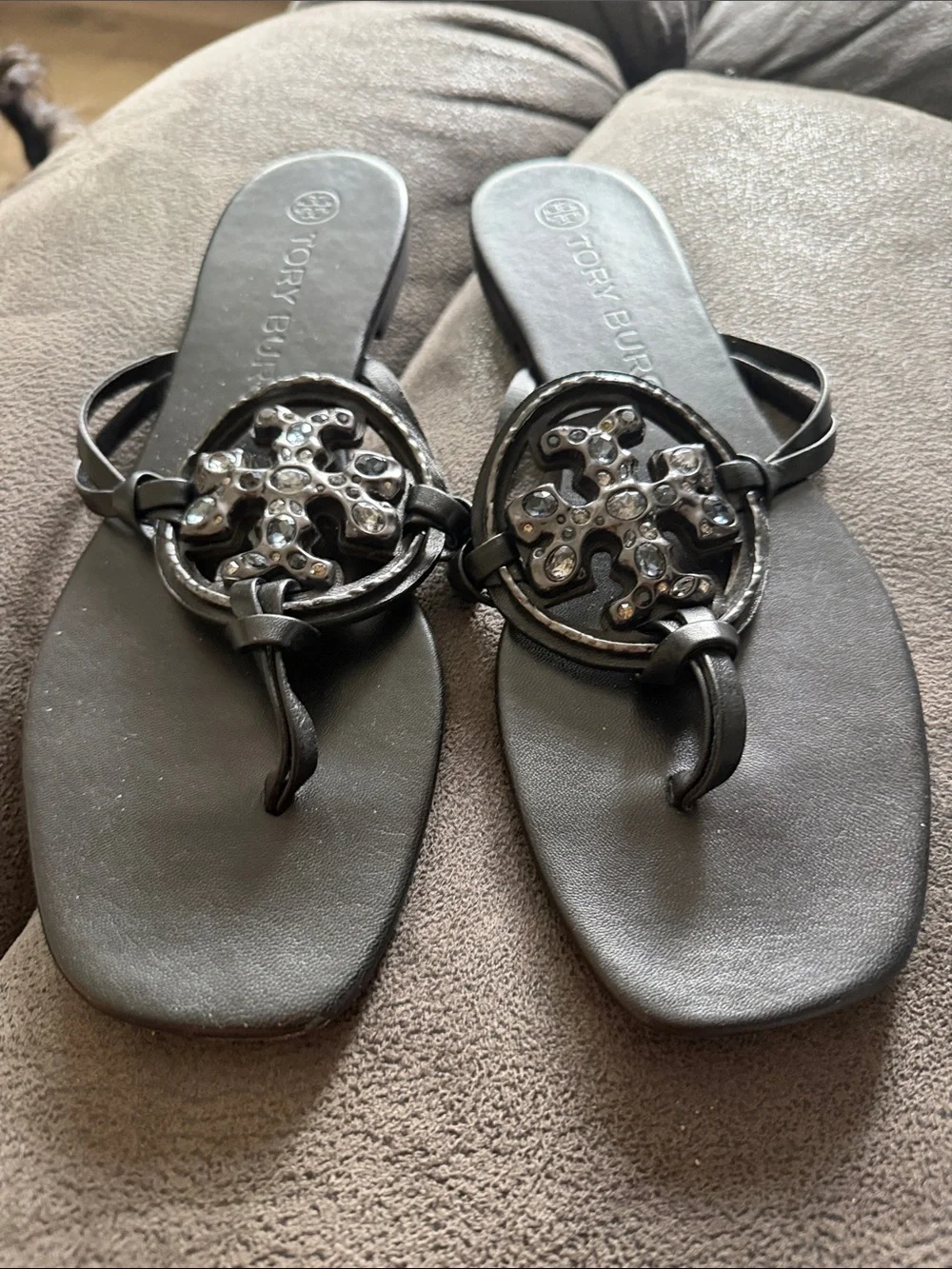 Tory Burch Black Jeweled Miller Thong Sandals - Crystal Accents